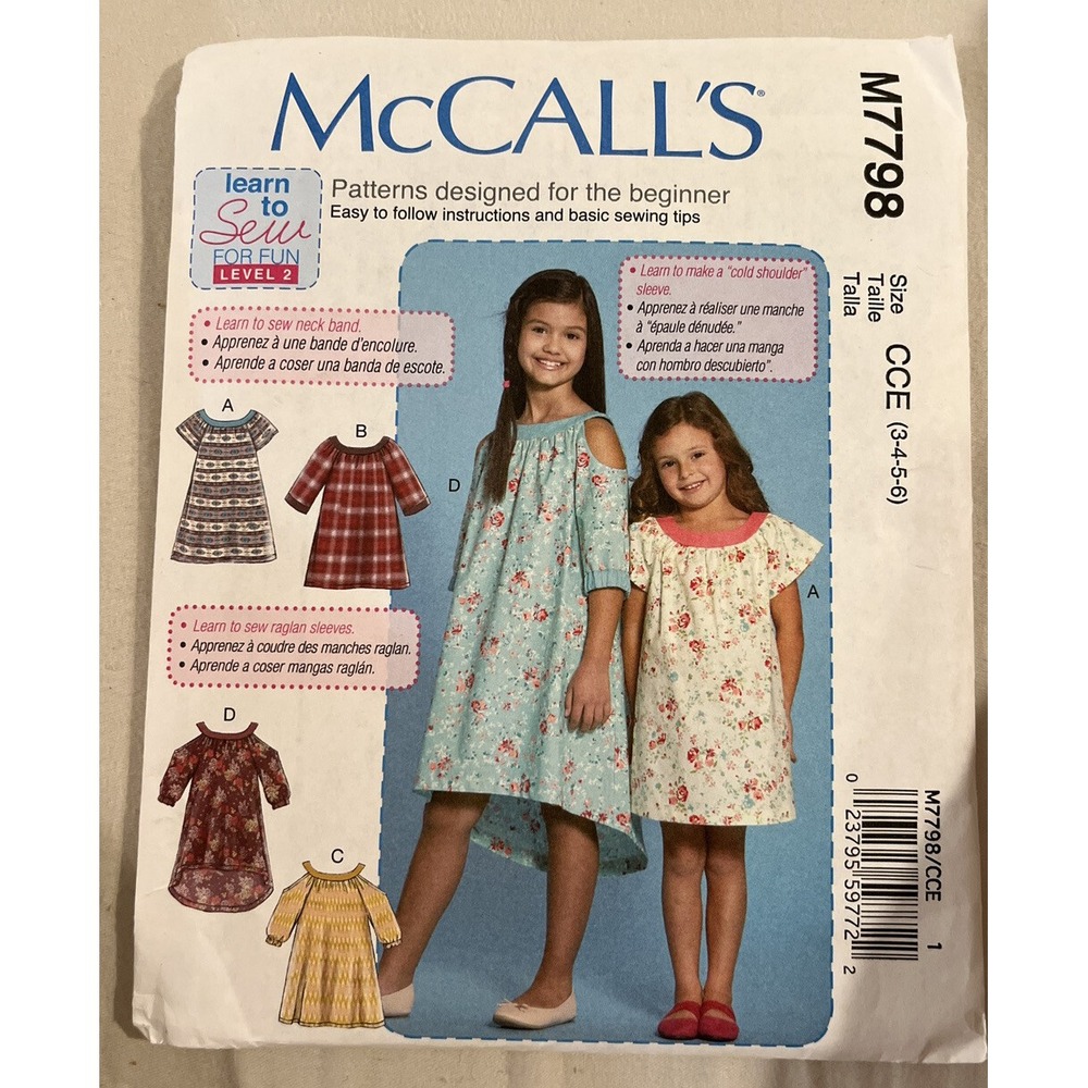 McCalls M7798 Kids Learn to Sew Level 2 Girls Dresses Uncut FF Sz 3-6 Beginner